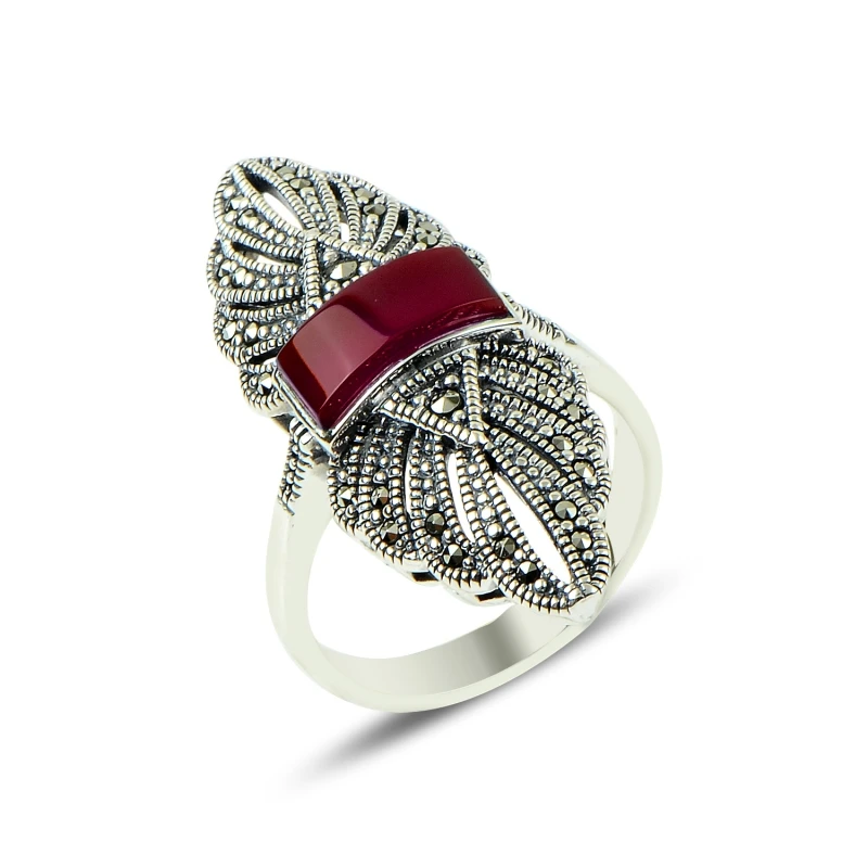 

Silver 925 Sterling Marcasite & Agate Stone Ring