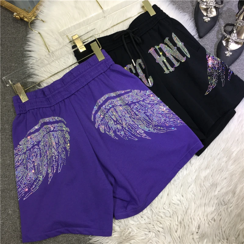Women Heavy Industry Rhinestone Wings Shorts 20233Summer Thin Loose Wide Leg Leisure All-Matching Short Pants Sweatpants Female