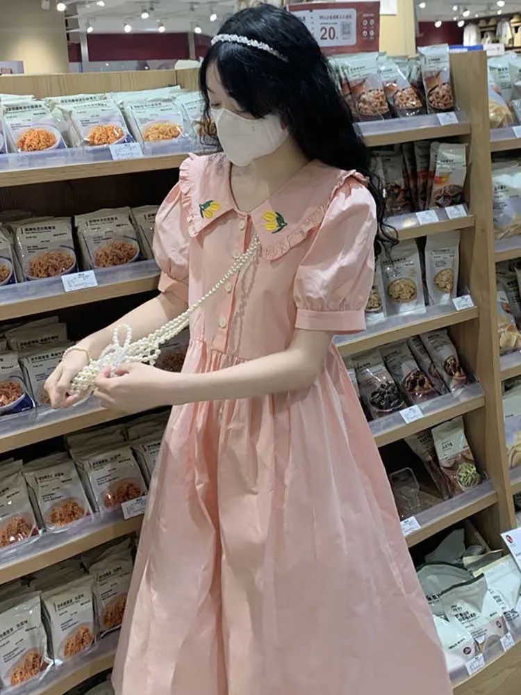 

Летние модные платья-миди для женщин, повседневное женское платье с пышными рукавами, модель 2022 года, корейские винтажные свободные вечерни...