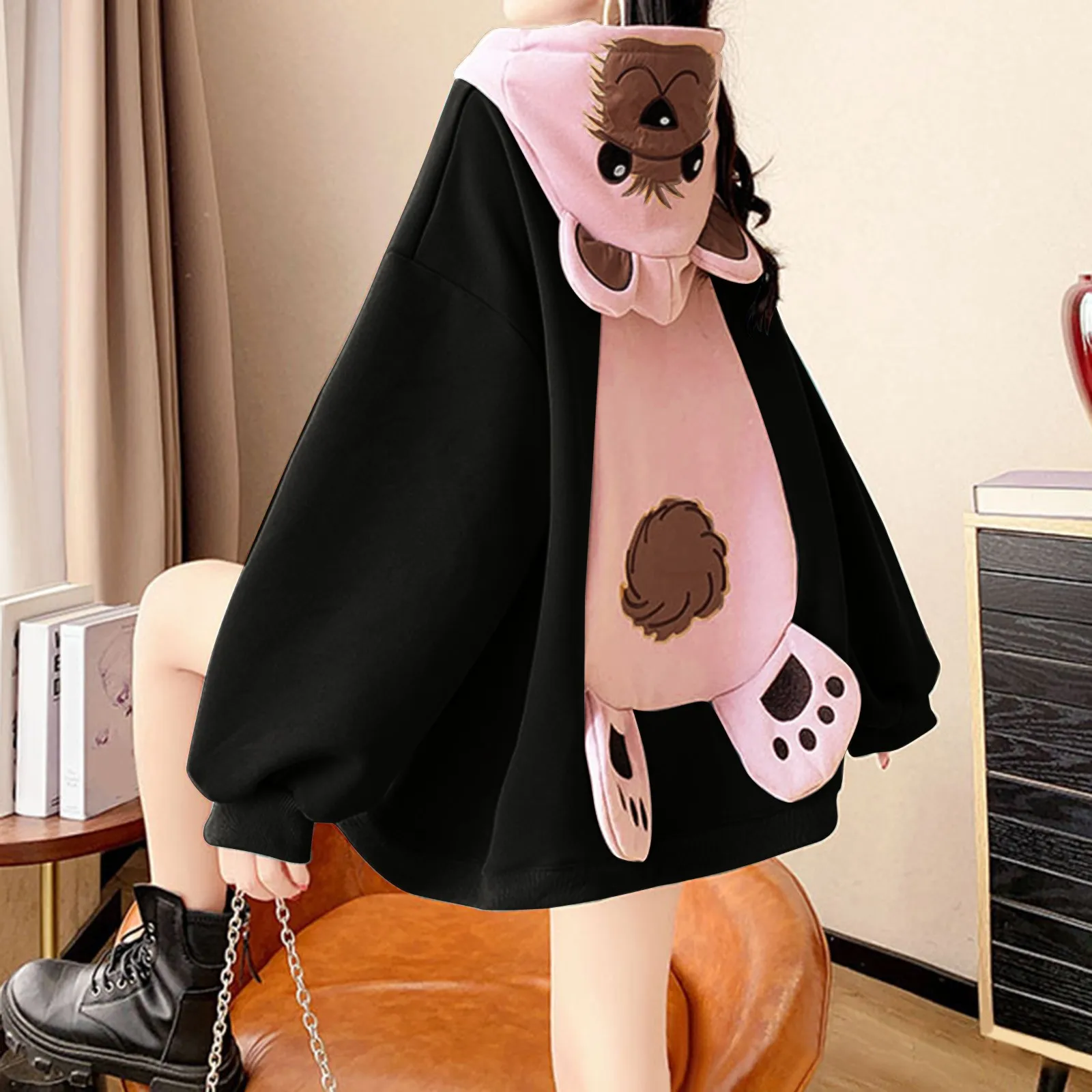 

Hoodie Pocket Womens Bear Print Panel Loose Long Sleeve Top Hoodie Long Womens Shirt