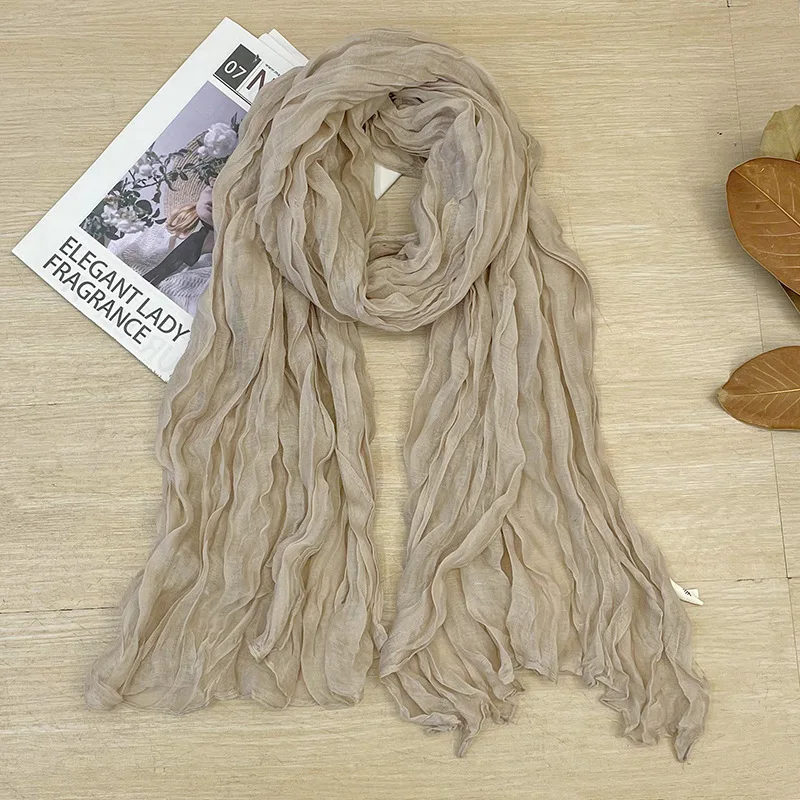 

Retro Pleated Cotton and Linen Solid Color Scarf Women's Spring and Autumn Office Air-conditioned Room Shawl Long Muffler