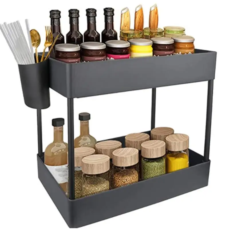 

Under Sink Cabinet Rack Holder Organizer Stackable Seasoning Cosmetics Tools 2 Tiers Household Closet Stand for Bathroom Kitchen