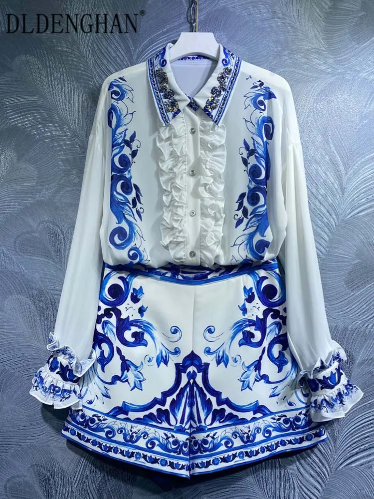 DLDENGHAN Autumn Suit Women Crystal Turn-down Collar Ruffles Shirt+Shorts Blue and White Porcelain Print Vintage Two Piece Set
