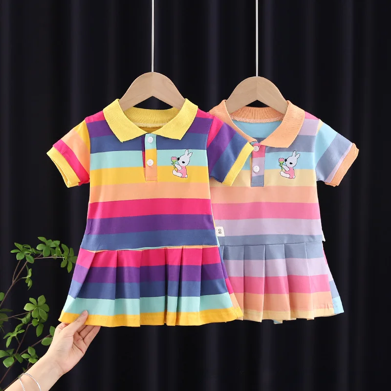 

Summer Toddler Girls Rainbow DressShort Sleeve Striped Lapel Dresses for Baby Girl 1-6Y Fashion Bunny Print Pleated Skirt Outfit