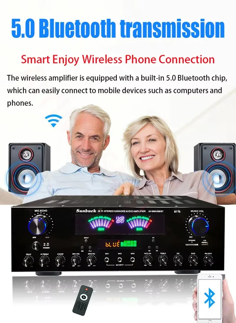 Фото Усилитель SUNBUCK 7.0-канальный, 900 Вт, высокой мощности, с Bluetooth, для домашних конференций, караоке, HIFI-системы, аудио №2