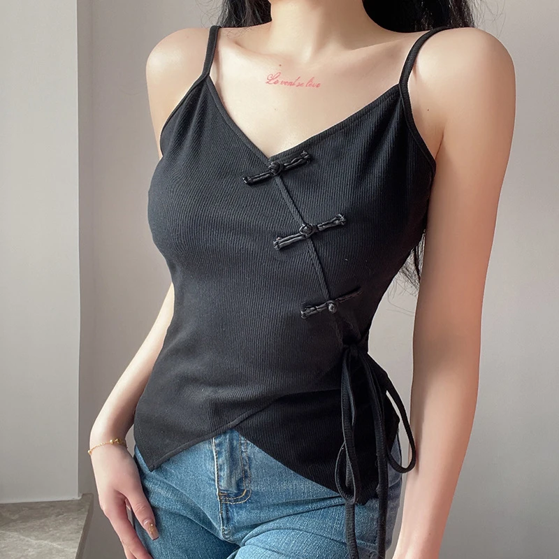 

Summer Fashion Slim Sexy Club Oblique Buttons Lace-up Girl Short Skinny Camis Backless Knitted Women Strap Tank Top Corset