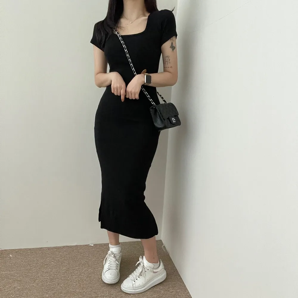 

여성 꾸안꾸 데일리 섹시 스판 쫀쫀 슬림 롱 반팔 원피스