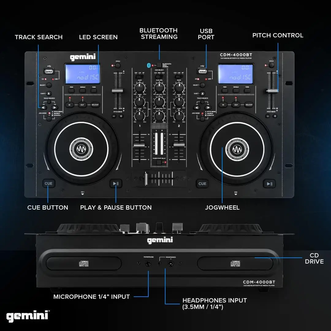 

ORIGINAL Gemini Sound CDM-4000BT Stand Alone Bluetooth Streaming Professional DJ Dual Deck Media Player Mixer CD/CDR USB Playbac