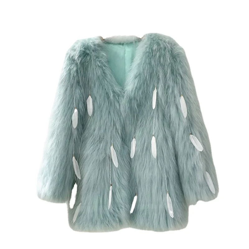 2022 New High Quality Green Faux Fur Coat Women Winter Imitation Fox Fur Long Korean Style Pearl Tassel Thickened Warm Overcoat