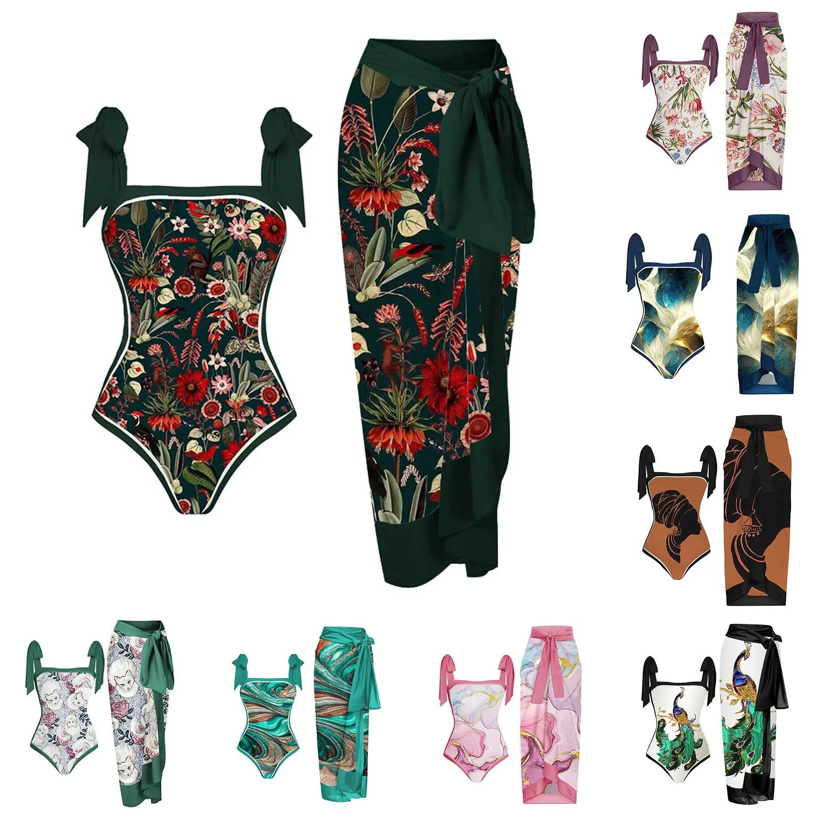 

Women Vintage Colorblock Abstract Floral Print 1 Piece Swimwear+1 Piece Cover UP Two Piece Vintage Print Swimsuit Sexy Swimsuit
