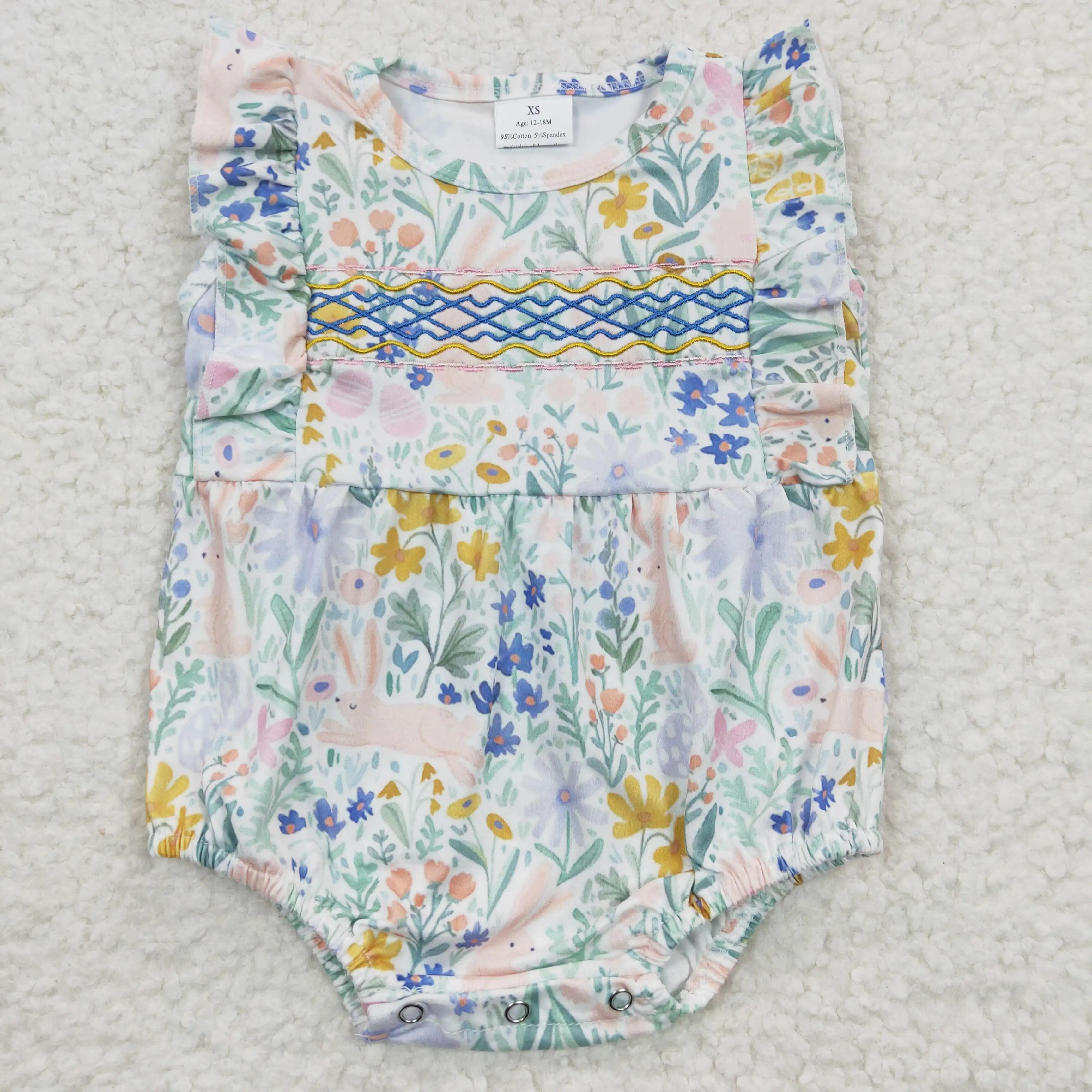 

Wholesale Baby Girls Romper New Embroidered Rabbit Flower Blue Onesie