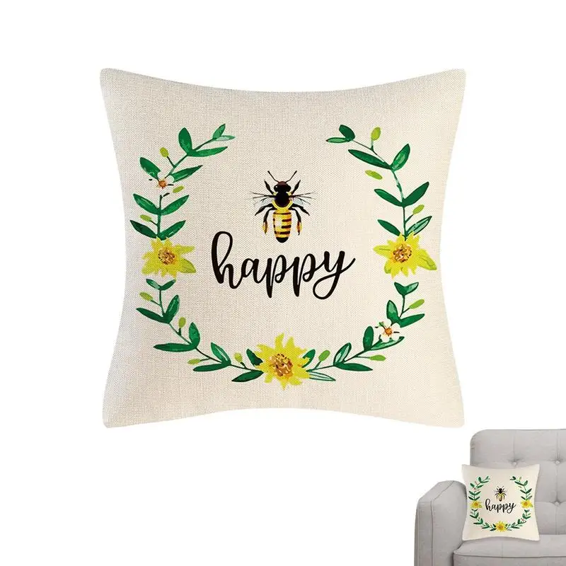 

Bee Day Cushion Cover Flax Cute Pillow Case Throw Home Decorative Sofa Happy Day Sweet Honey Animal Pillowcase