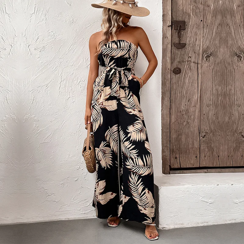 

2023 Summer New Fashionable Style Commuter Women's Wear European and American Printed Chestless Sleeveless Wide Leg Jumpsuit