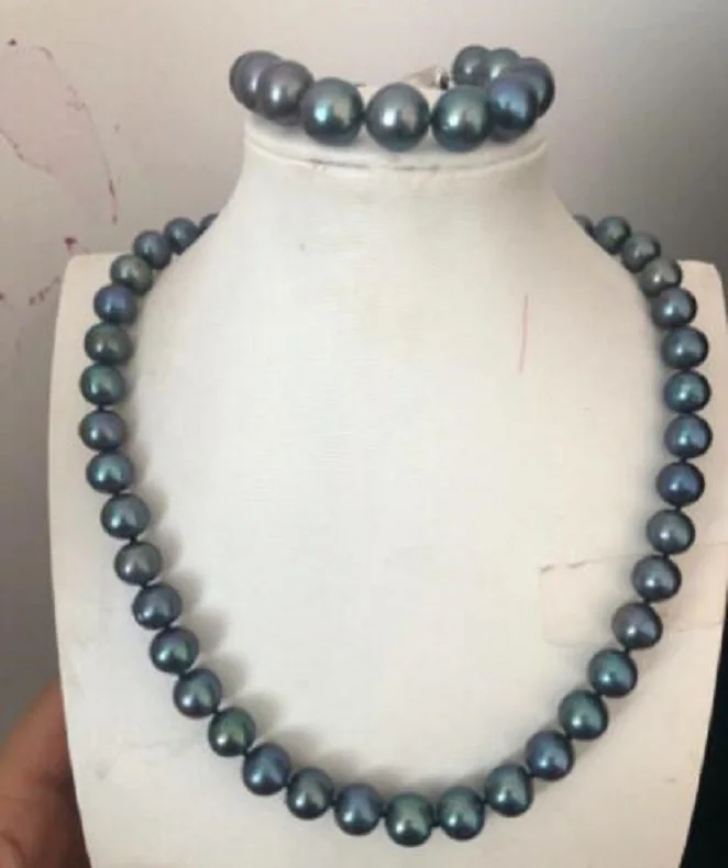 

set of 9-10mm tahitian round black green pearl necklacec 18"&bracelet 7.5-8"