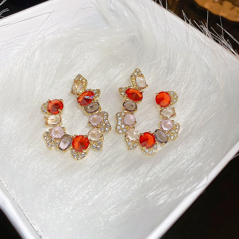 

Korean New Luxury Jewelry Orange Zirconia Irregular Earrings For Women Fashion Bijoux Crystal Boucle d’oreille Femme Brincos