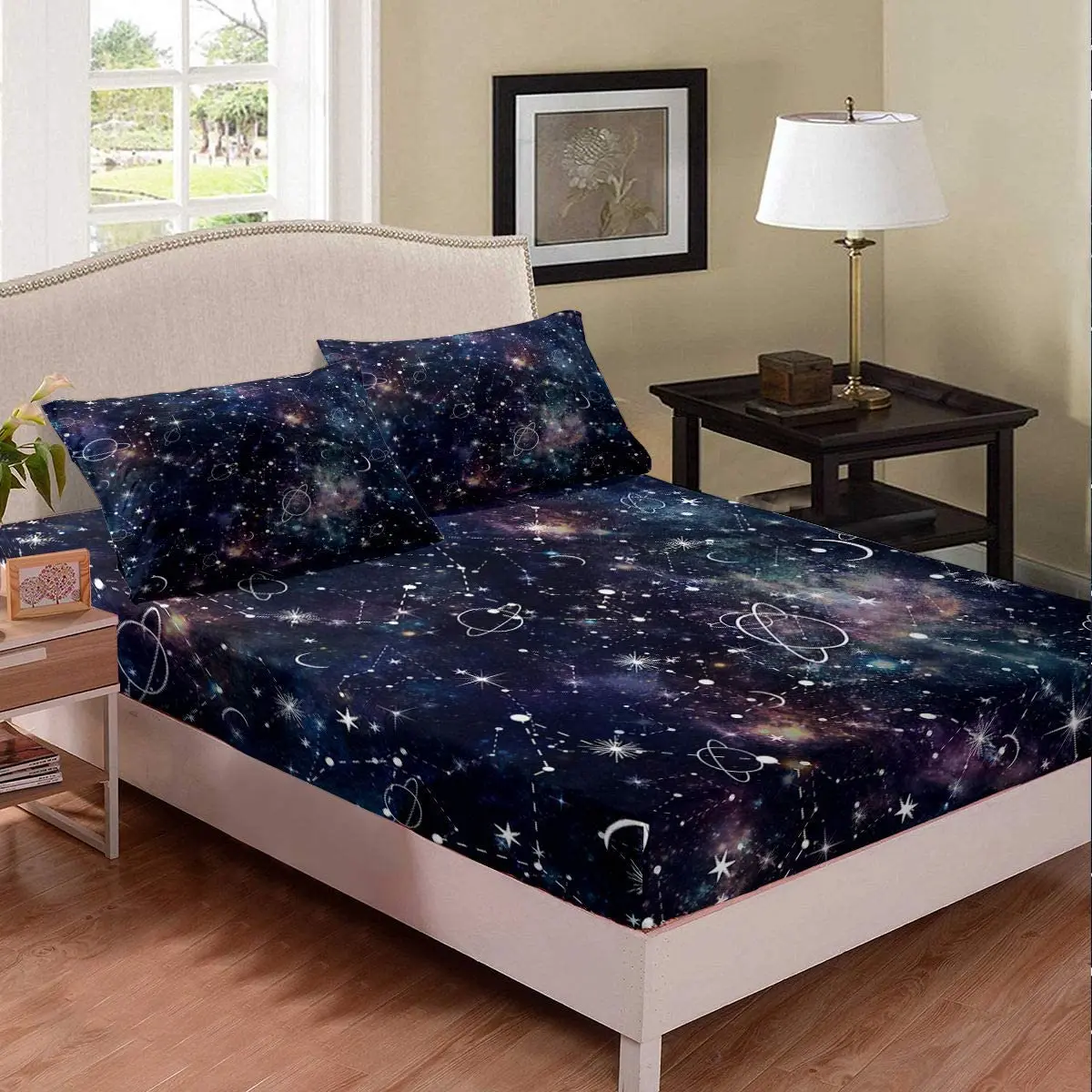 

Starry Sky Bedding Set Constellation Sheet Set Galaxy Sun Moon Fitted Sheet Purple Universe Print Bed Cover for Kid Men Women