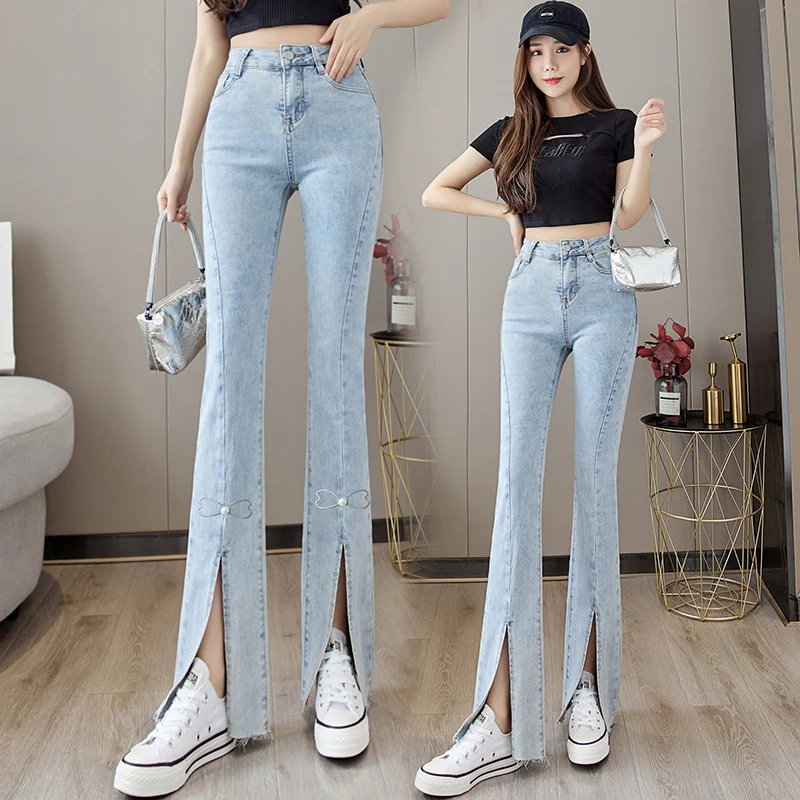 New Korean Fashion Casual with Nail Beads Denim Women Pants Female Vintage Streetwear OL High Waisted Split Hem Woman Jeans