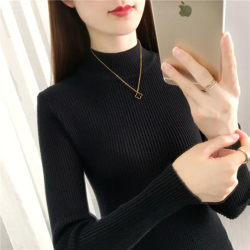 

Turtleneck Sweater Short Bottoming Female Long Sleeve Autumn Winter Thicken 2023 New Fashion Tunic Slim Fit Knitted Clothes V5