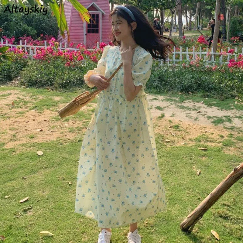 

Short Sleeve Dress Women Summer Floral Popular Trendy Cosy Fit Mid-calf New Arrival O-neck Ins Kawaii College Korean Style Cute