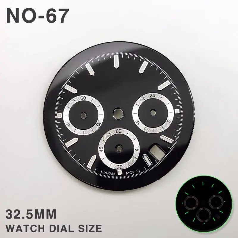 Modified Watch Accessories 32.5mm Chronograph Function Green Luminous VK63 Six-pin Dial with Hand  Fits for VK63 Movement