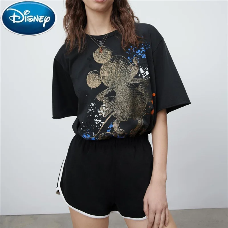 

Women T-shirt Female Casual O-neck Tee Tops Streetwear Print Disney Chic Mickey Mouse Ink Graffiti Cartoon Harajuku Short Sleeve