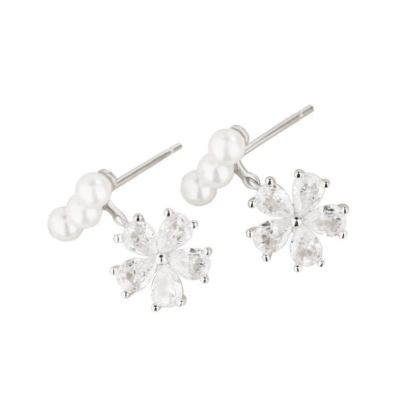 

Lefei Fashion Trendy Classic Luxury Match-all Zircon White Pearl Dangle Flower Earrings For Women Silver 925 Party Jewelry Gifts