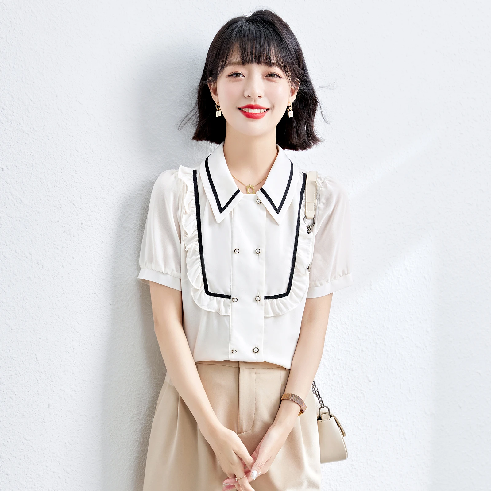 

2022 Summer Season New Design Womens Shirts French Fashion Clothes Office Ladies Tops White Chiffon Thin Turn-down Collar Blouse