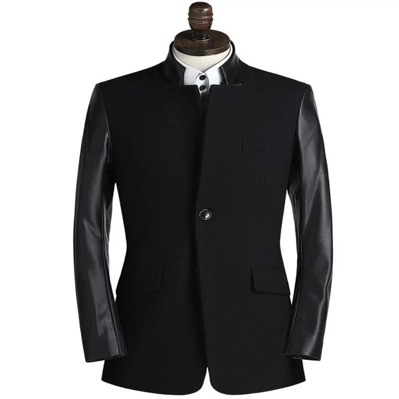 

Splice long leather sleeves casual woolen coat men overcoat mens cashmere coat casaco masculino inverno erkek england black