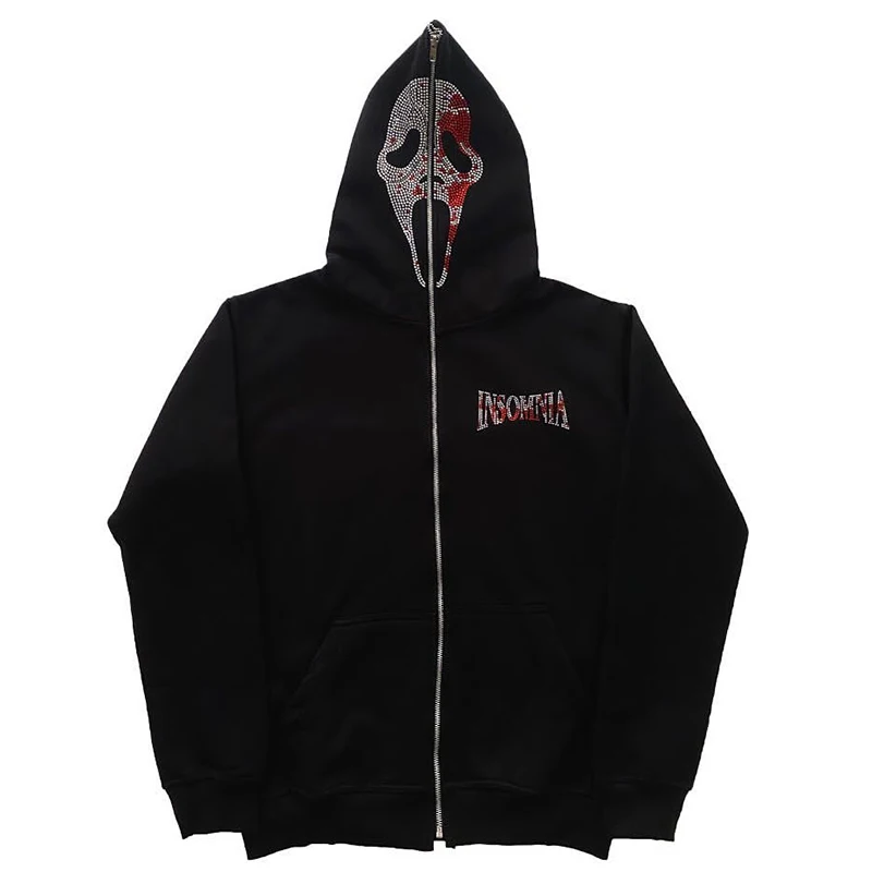 Rhinestone Zip Hoodie demon goth Sweatshirt Sport Coat Pullover Gothic Y2k Long Sleeve Oversized hoodie jacket Men's hoodies emo
