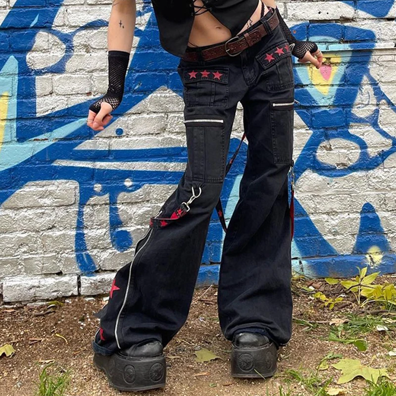 

Women Loose Casual Long Y2k Pants Gothic Fashion Stars Print Flare Zipper Baggy Low Waist Trousers Slacks with Pockets