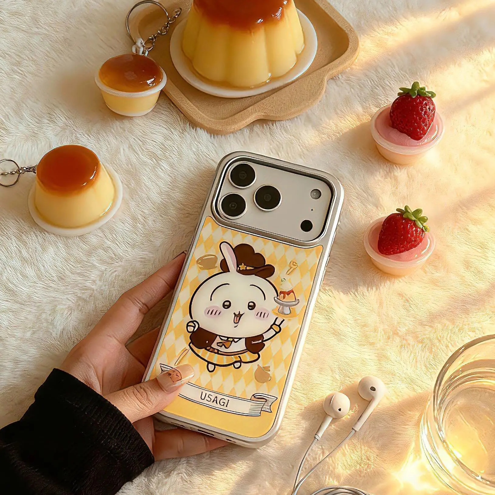 Фото Чехол для телефона Chiikawa Rakko Restaurant Series с мультяшным дизайном для iPhone 17, 16, 15, парный чехол Momonga, стеклянный чехол с серебристой окантовкой для девочек №4
