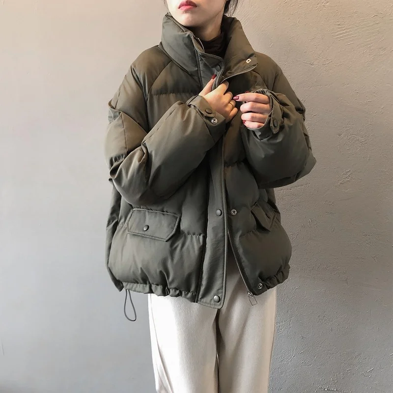 2021 Winter New Stand Collar Thickening Solid Color Bread Jackets Women Loose Down Cotton Coat Female Long Sleeve Warm Outerwear