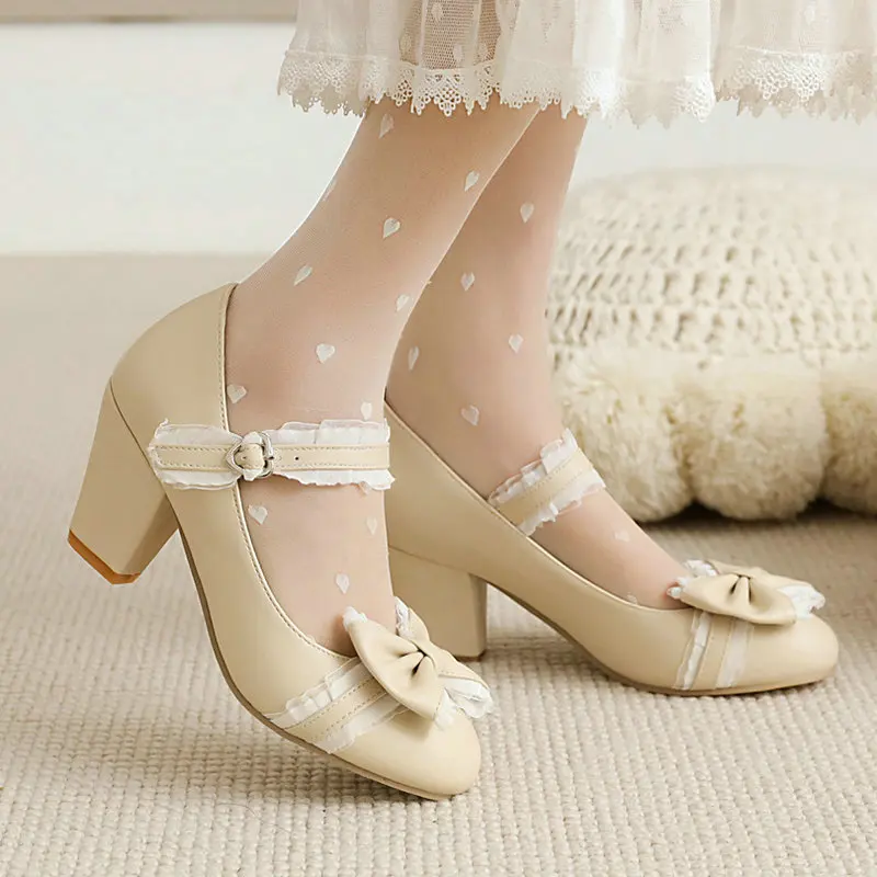 

JK Lace Ruffle Pattern Cute Lovely Girls Shoes Round Toe Bowtie Knot Chunky High Heels Lolita Japanese Women Mary Janes Pumps