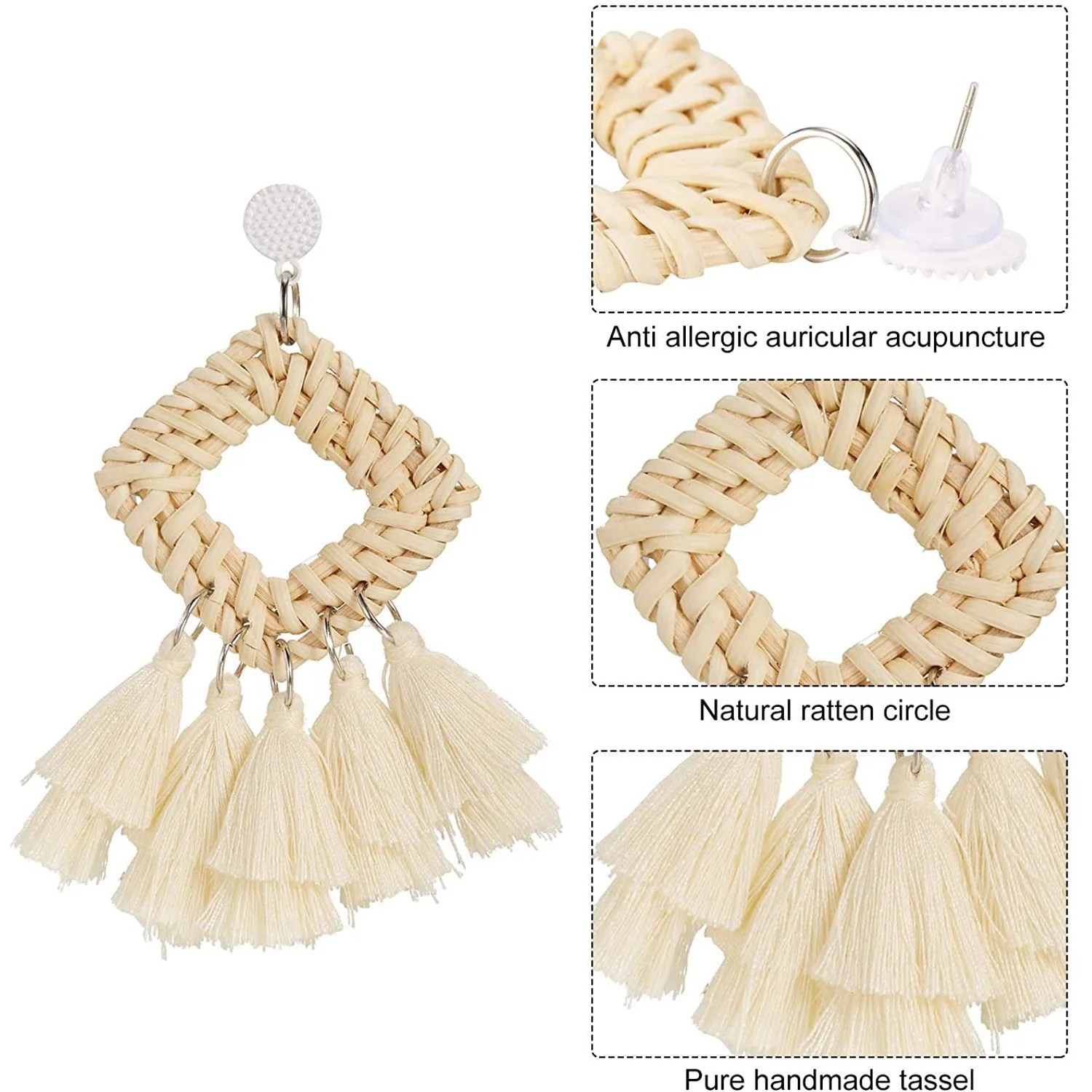 Boho Висячие серьги из ротанга богемные геометрические кисточки плетеные ручной