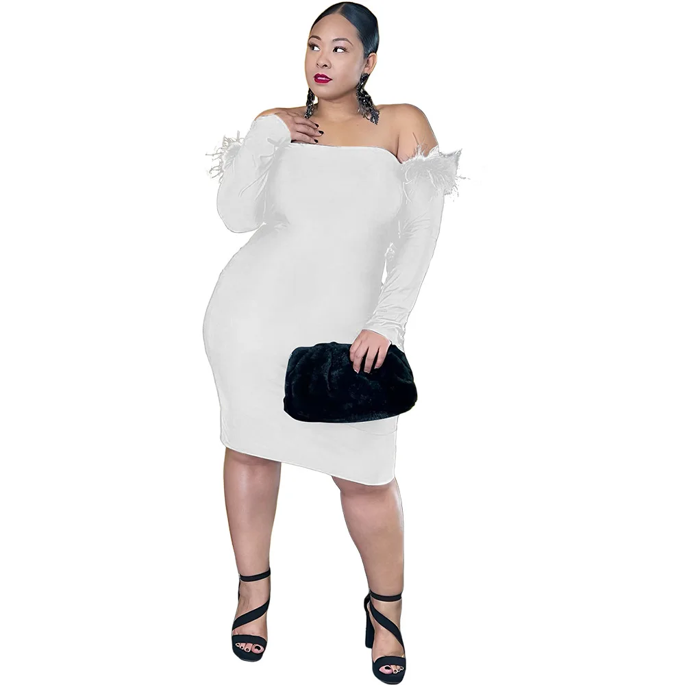 Plus Size Dress Elegant Women's Dresses for Party 2022 Solid  Above Knee Mini Long Sleeve Office Lady Slim Sheath Slash Neck