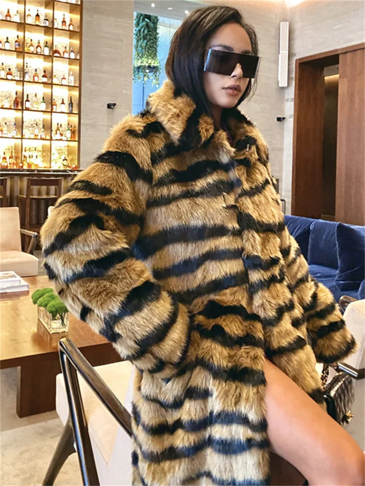 Tiger Stripe Fur Coat Long 2022 Autumn Winter New Fashion Loose Streetwear Lapel Long Sleeve Faux Fur Jackets Female Clothing