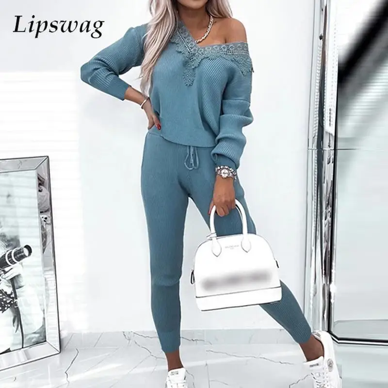 

Fashion Daily Casual Pants Set Women Knitwear Lace Long Sleeve Top & Drawstring Long Pants Set Autumn Solid Color Two Piece Set