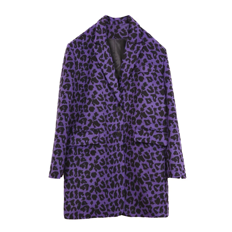 Женский свободный шерстяной пиджак Фиолетовый с леопардовым принтом верхняя