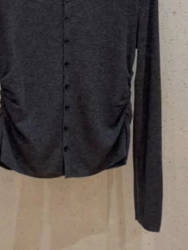 Korean Series Design Sense Chic Dark Gray Top Women Autumn and Winter High Long sleeve Base Knit cardigan Inner wear