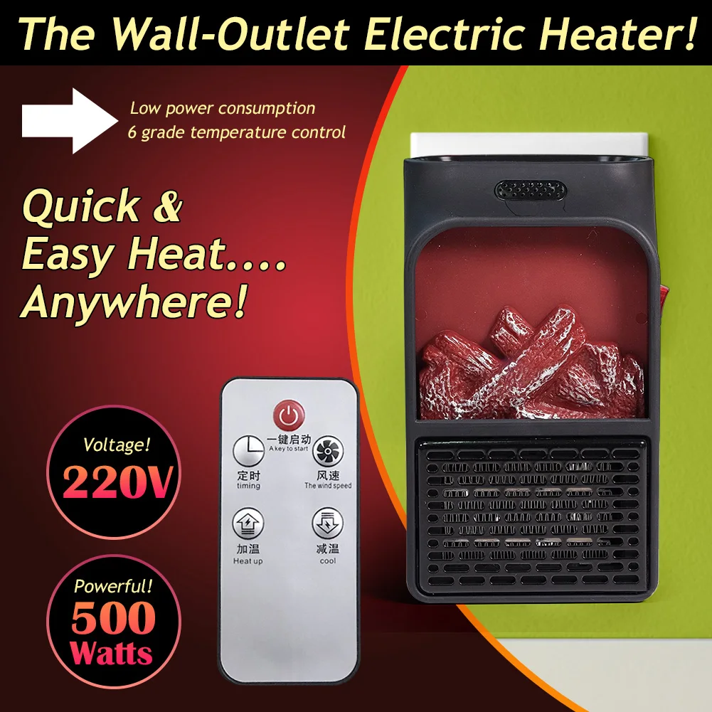 

Mini Electric Wall-outlet Flame Heater EU Plug-in Air Warmer PTC Ceramic Heating Stove Radiator Household Wall Handy Fan