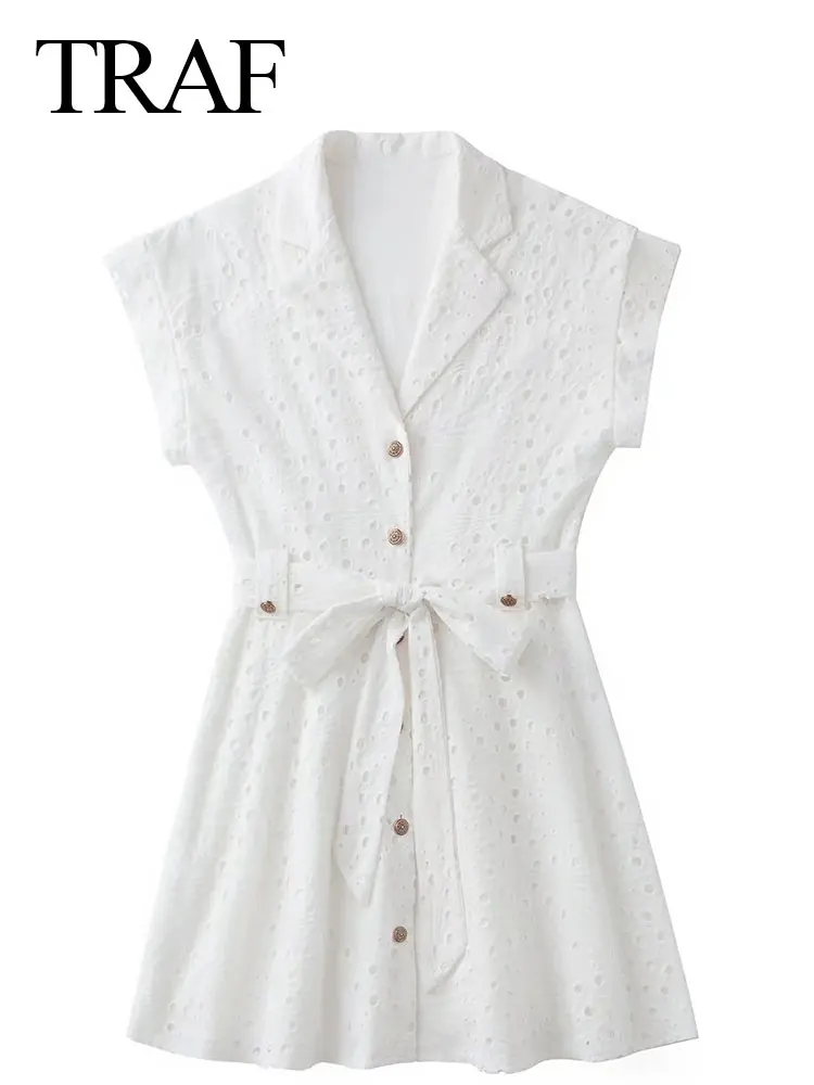 

TRAF Pure White Hollow Lace Element Ladies Dress Comfortable Skin-Friendly Single-Breasted Belt Slim Waist Women's Clothes