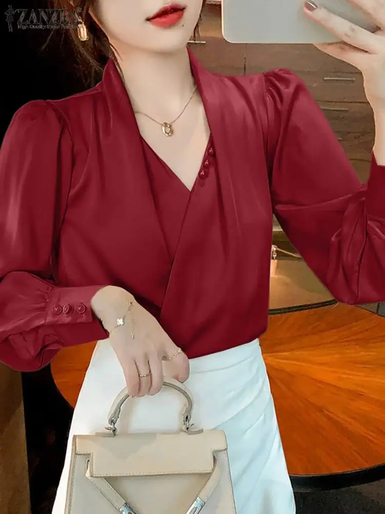 

Элегантная рубашка ZANZEA с длинным рукавом-фонариком, Женская Повседневная однотонная атласная блузка, весна 2022, Офисная Рабочая Рубашка, тон...