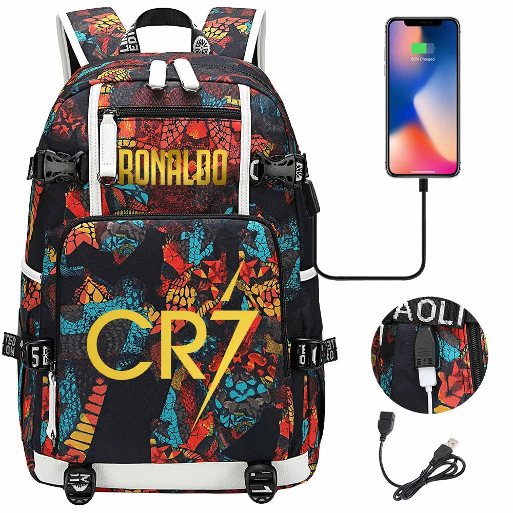 

Soccer Star Ronaldo Printed USB Youth Student Schoolbag Men and Women Leisure Travel Backpack Outdoor Computer Bag Organizer