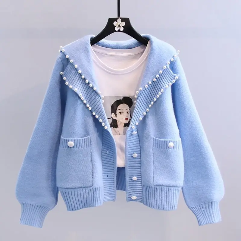 Винтажный Японский свитер с жемчугом куртка темно-синий вязаный кардиган