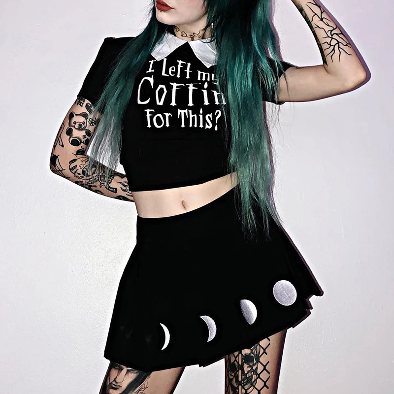

Helisopus Grunge Gothic Black Pleated Skirt Women E-girl High Waist A-line Skirt Emo Moon Embroidery Mini Skirt Party Streetwear