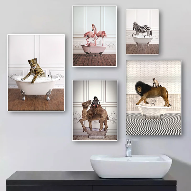 

Vintage Bathroom Wall Canvas Painting Decor Funny Animal Retro Gorilla Panda Toilet Bathtub Art Poster Print Nursery Home Decor