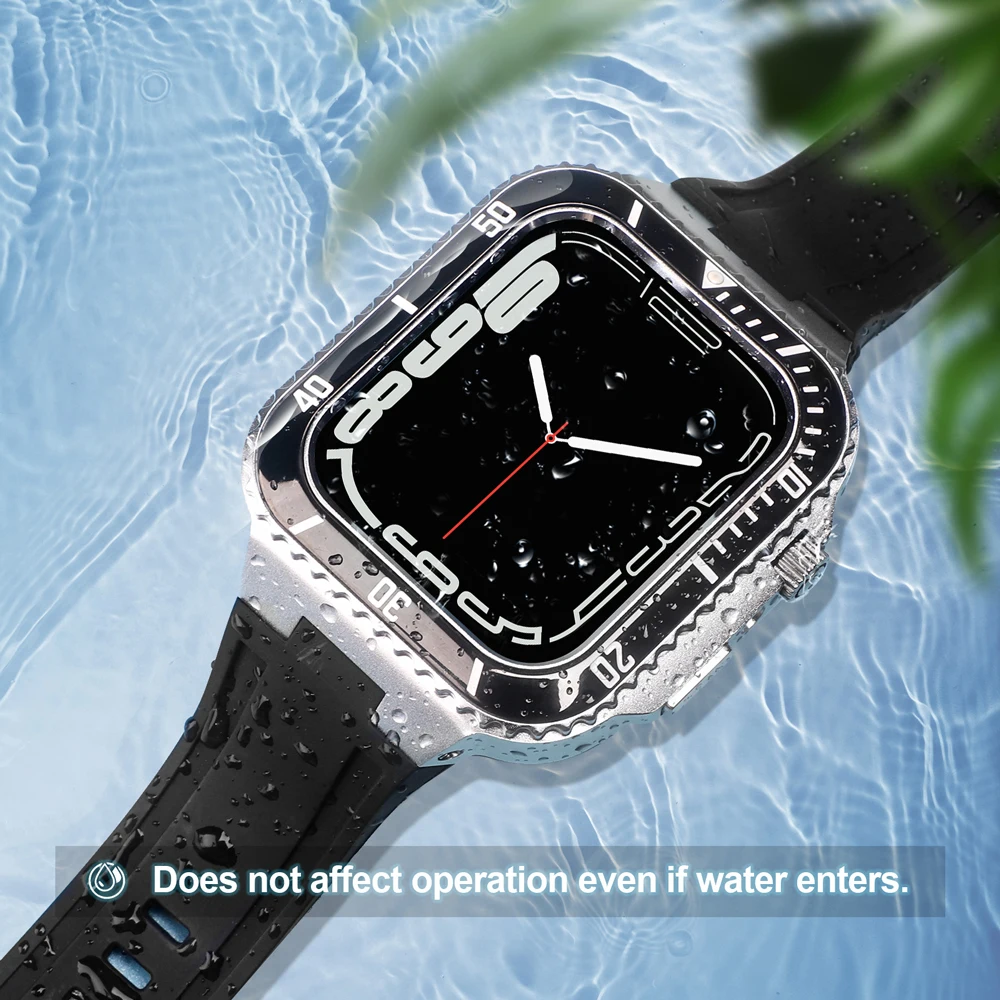 Stainless Steel Bezel Silicone Strap for Apple Watch Band 44 45MM Mod Kit Luxury Protective Case for IWatch Series 8 7 SE 6 5 4