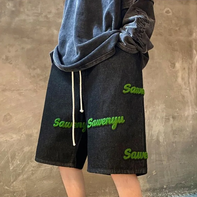 Summer Men's Denim Shorts Fashion Embroidered Five Point Pants Elastic Waist Baggy Black Jeans Streetwear Oversized Y2K Clothes