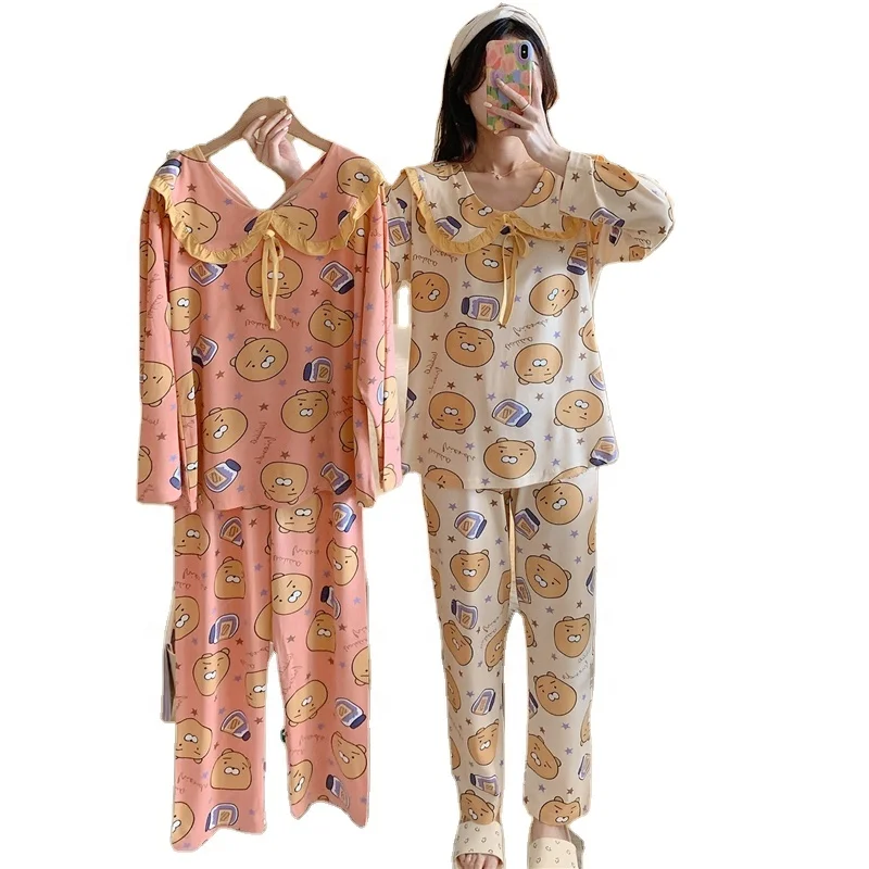 

Amazon Hot Sale Women's Spring and Autumn Knitted Long Sleeve Cartoon Cute Doll Collar Thin Home Wear 2 Piece Set pajamas