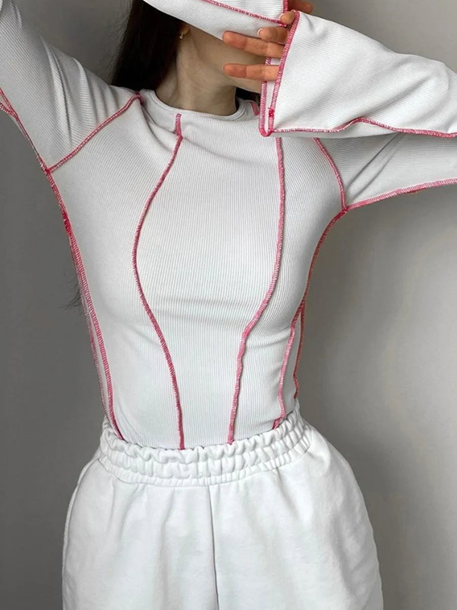 

Women Fashion Wild T-Shirts Patchwork Knitted Ribbed Round Neck Flare Long Sleeve Shirts Spring Autumn Slim Fit Tops